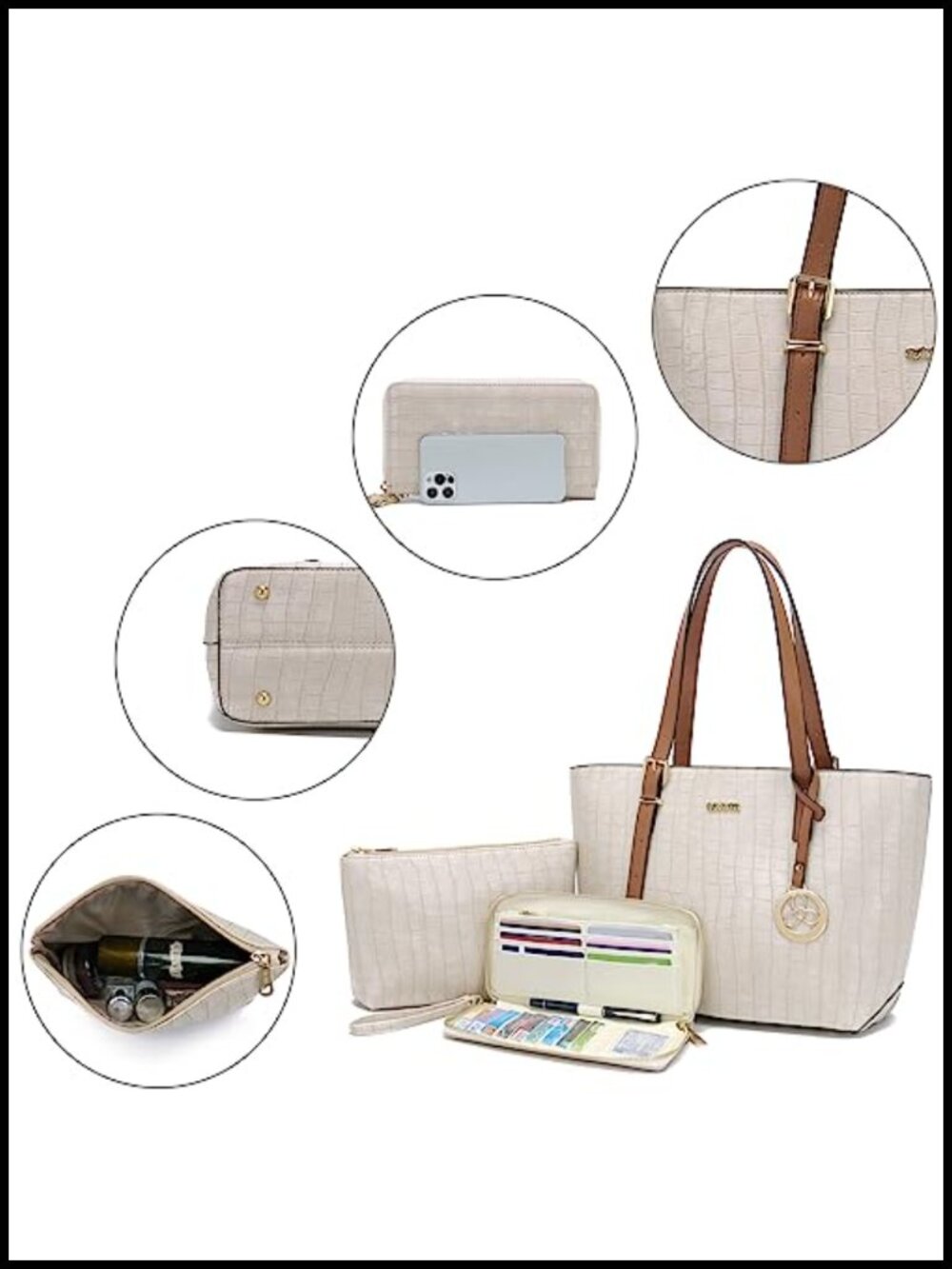 Women's Tote Satchel Handbag Set with Matching Wallet Faux Leather Gold - Picture 5 of 6